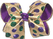 Large Purple and Green Glitter Dots on Metallic Gold over Purple Double Layer Overlay Bow
